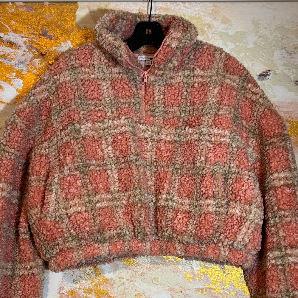 Fashion Nova Cropped Plaid Fuzzy Jacket Quarter Zip Large
